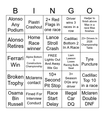 Abby's F1 Bingo 2026 Bingo Card