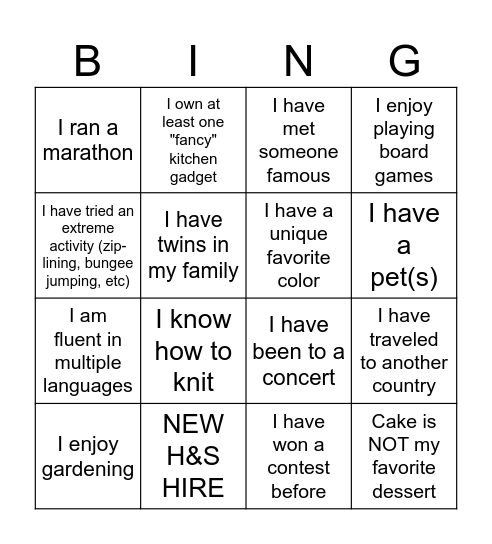 H&S Bingo Card