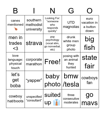 Dallas Hinge Bingo Card