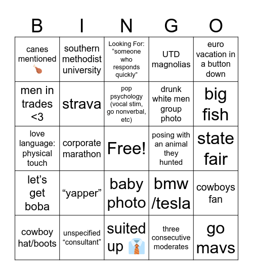 Dallas Hinge Bingo Card