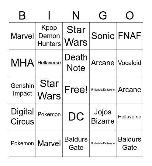 Cosplay Bingo Card