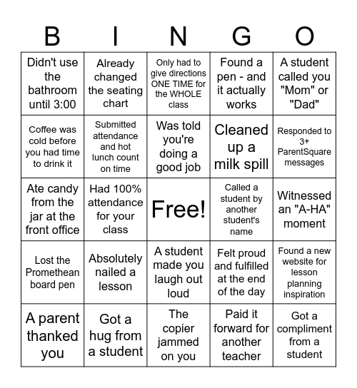 Teacher Bingo Card