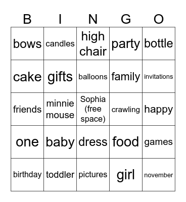 1st Birthday Bingo Card