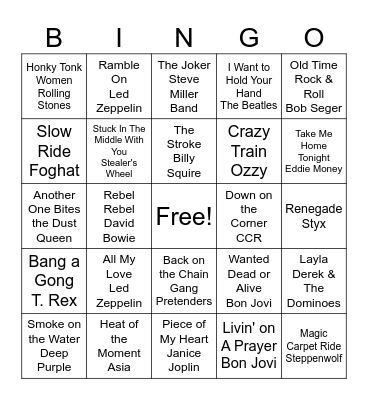Classic Rock Bingo Card