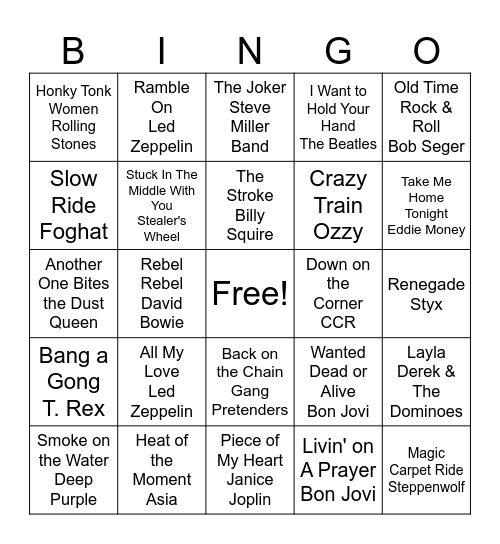 Classic Rock Bingo Card