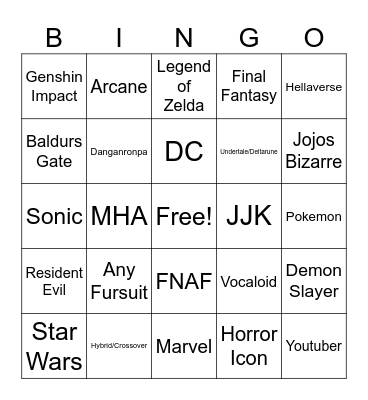 Cosplay Bingo Card