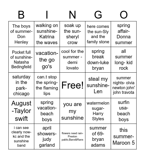 Roads Spring and summer addition Bingo Card