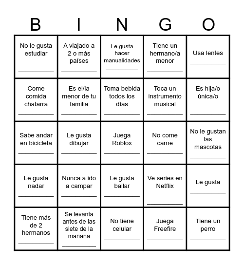 Bingo humano Bingo Card