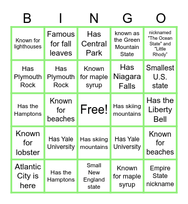 Guess The Northeastern States Facts Bingo Card