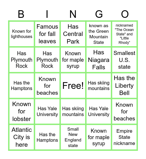 Guess The Northeastern States Facts Bingo Card