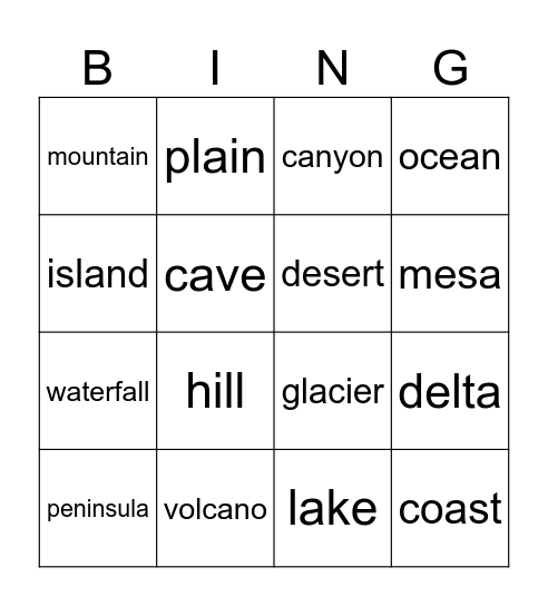 Landforms Bingo Card