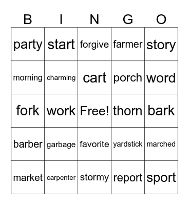 AR and OR Words Bingo Card