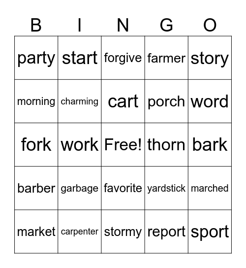 AR and OR Words Bingo Card