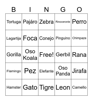 Animals Bingo Card