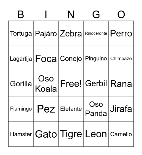 Animals Bingo Card
