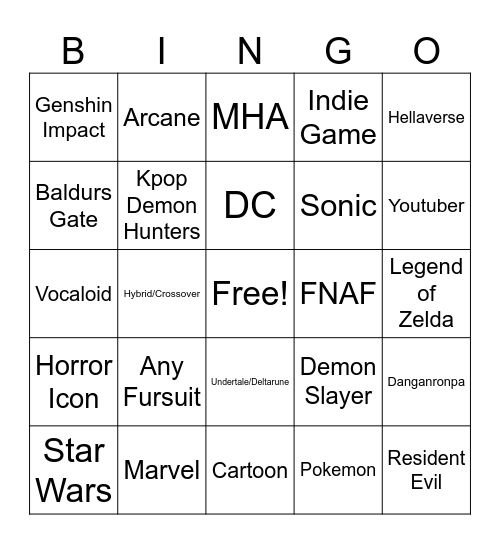 Cosplay Bingo Card