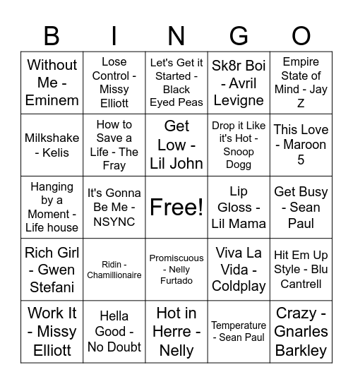 00's Sing Along Bingo Card