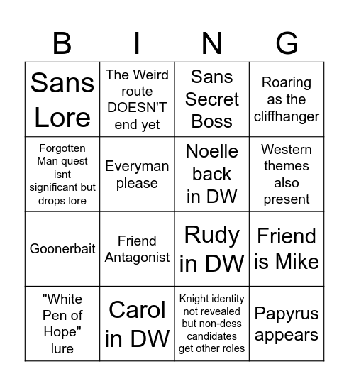Deltarune Chapter 5 Bingo Card