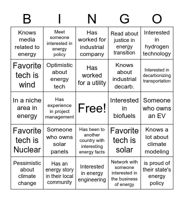 Energy Bingo! Bingo Card