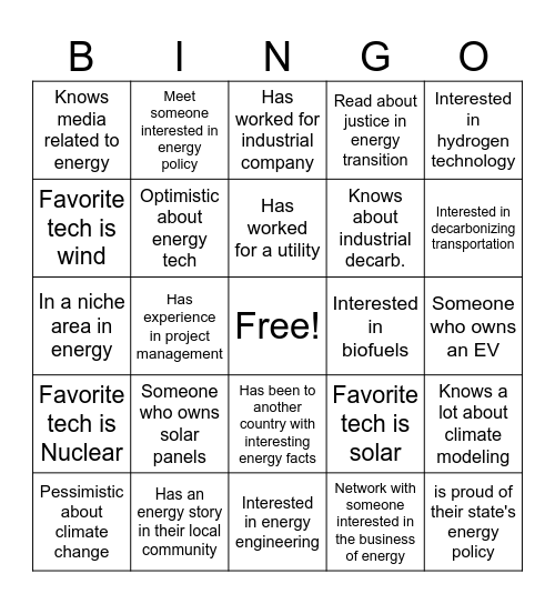 Energy Bingo! Bingo Card