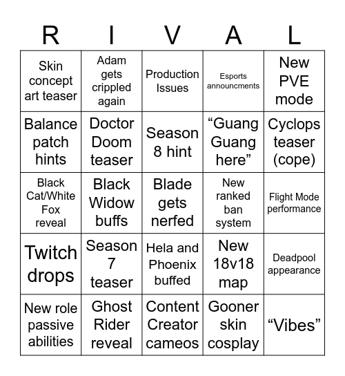 Rivals Fan Event Bingo Card