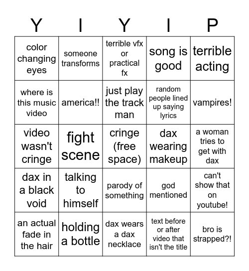 dax music video bingo! Bingo Card