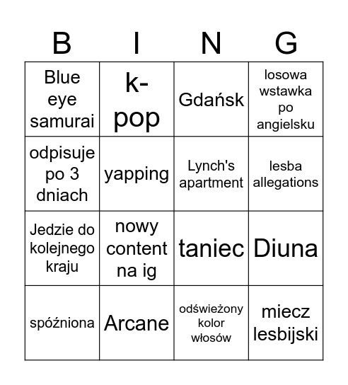 Julia Bingo Card