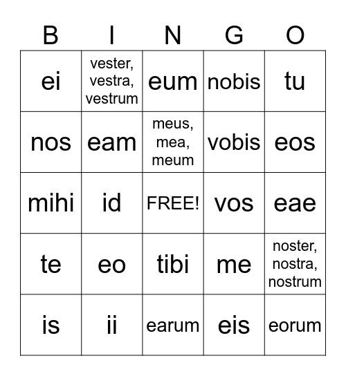 Latin Personal Pronouns Bingo Card