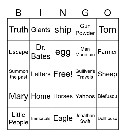 Gulliver's Travels Bingo Card
