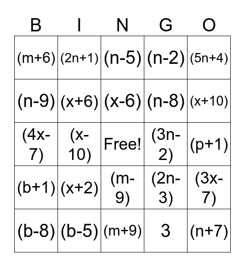 Factoring BINGO Card