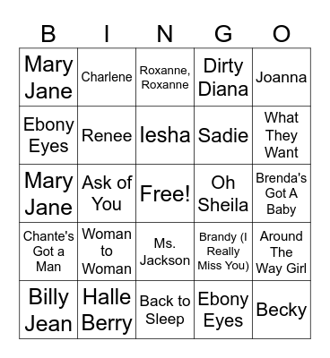 Songs with Women's Names Bingo Card