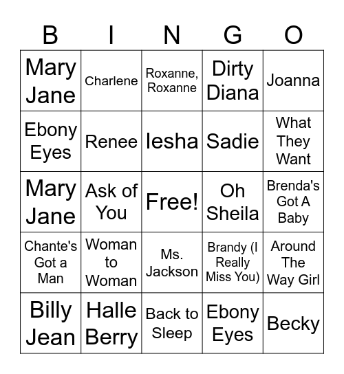 Songs with Women's Names Bingo Card