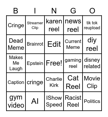 Instagram reel bingo Card