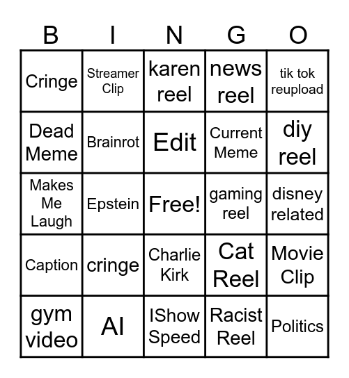 Instagram reel bingo Card