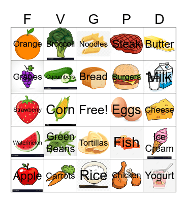Food Group Bingo Card