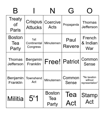 American Revolution Bingo Card