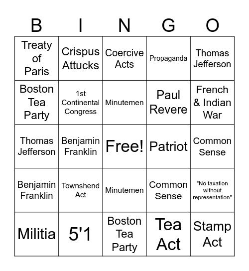 American Revolution Bingo Card