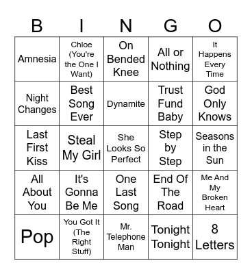 Boy Bands 2.0 Bingo Card