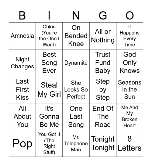 Boy Bands 2.0 Bingo Card