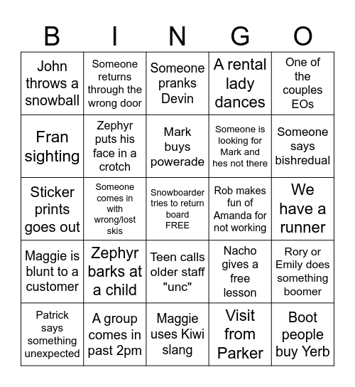 Rental Shop Bingo Card