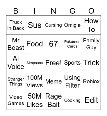 YouTube shorts Bingo Card