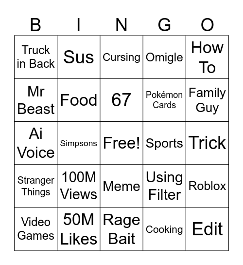 YouTube shorts Bingo Card