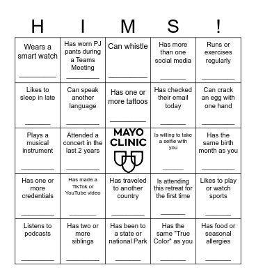 HIMS Leadership Retreat Bingo Card