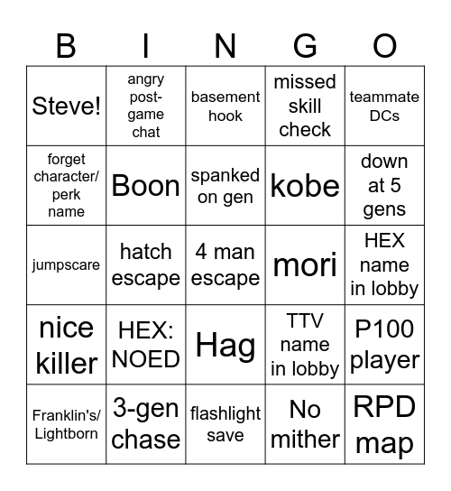 DBD bingo Card