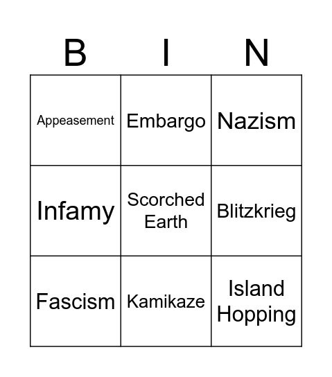 U9 Vocab W2 Bingo Card
