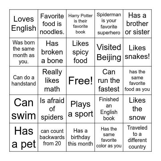 Welcome back Bingo Card