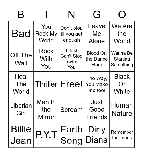 Michael Jackson Bingo Card