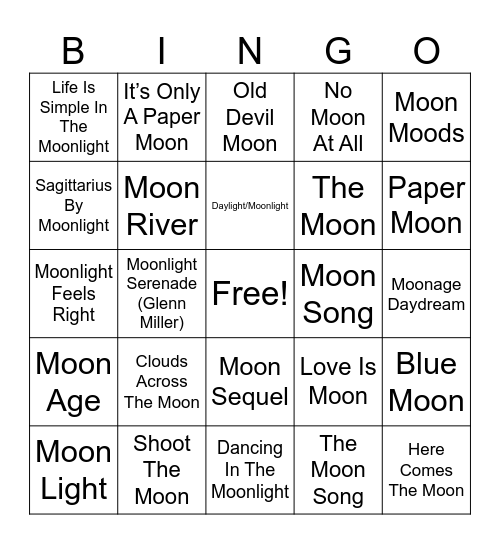 Moon Songs Bingo Card