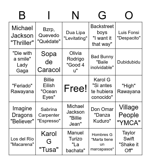 Bingo Musical Bingo Card