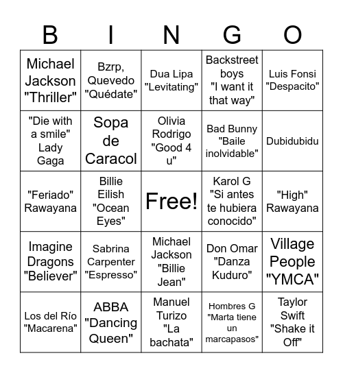 Bingo Musical Bingo Card
